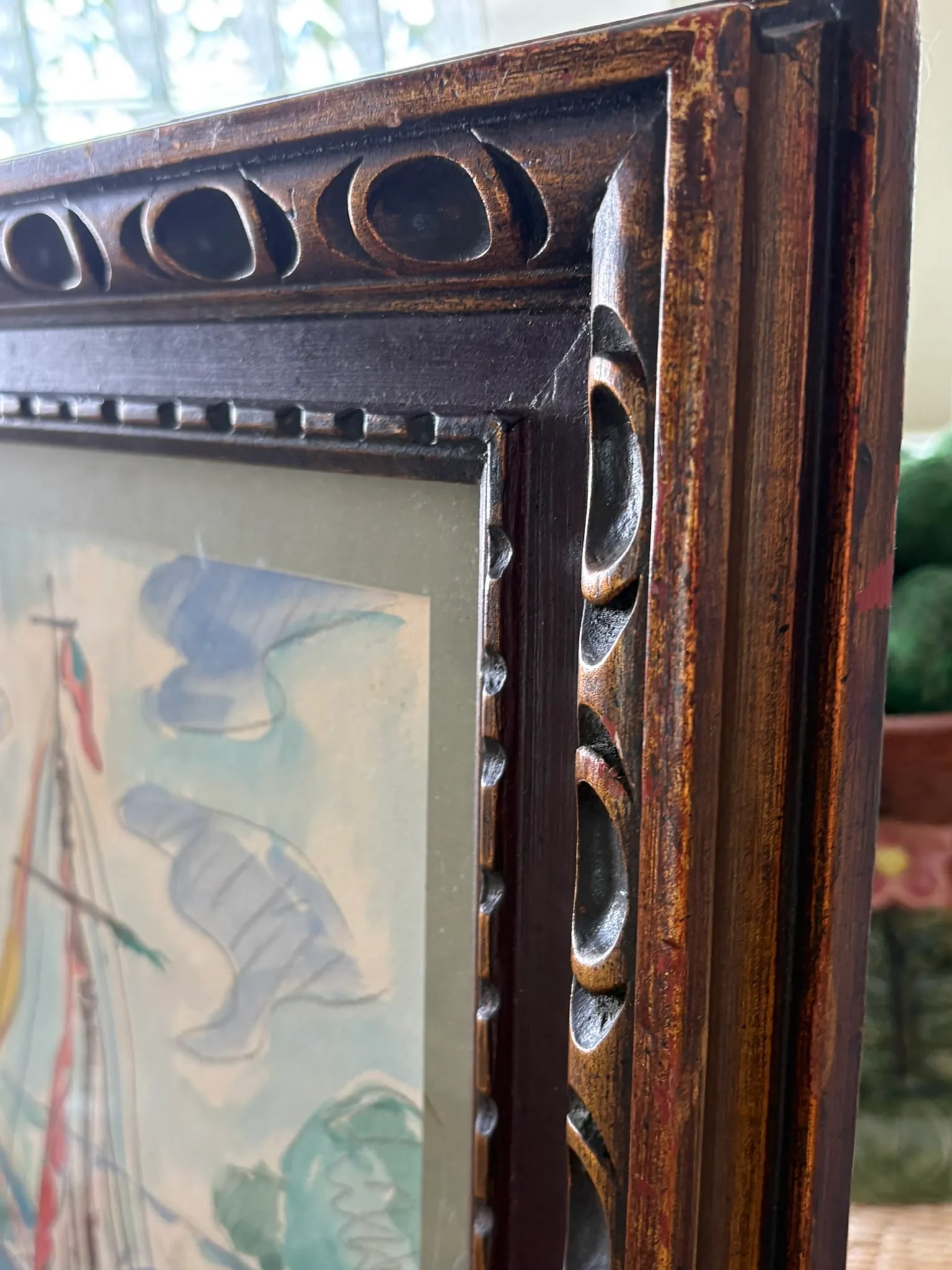 Paul Signac Style Mixed Media Sailboat Harbor Scene Framed Watercolor - 8