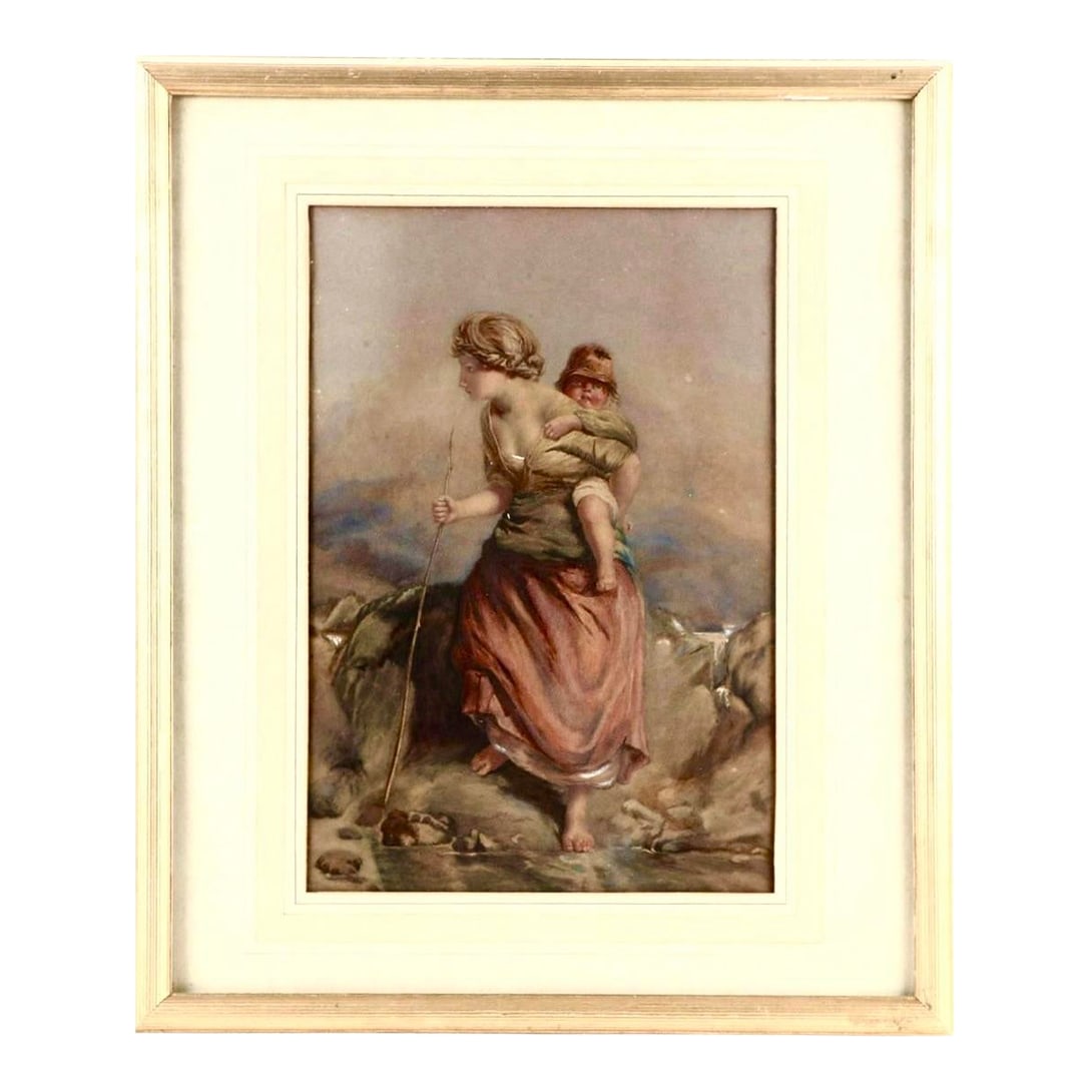 Original Antique English School Watercolor Painting of Woman and Child (1 of 7)