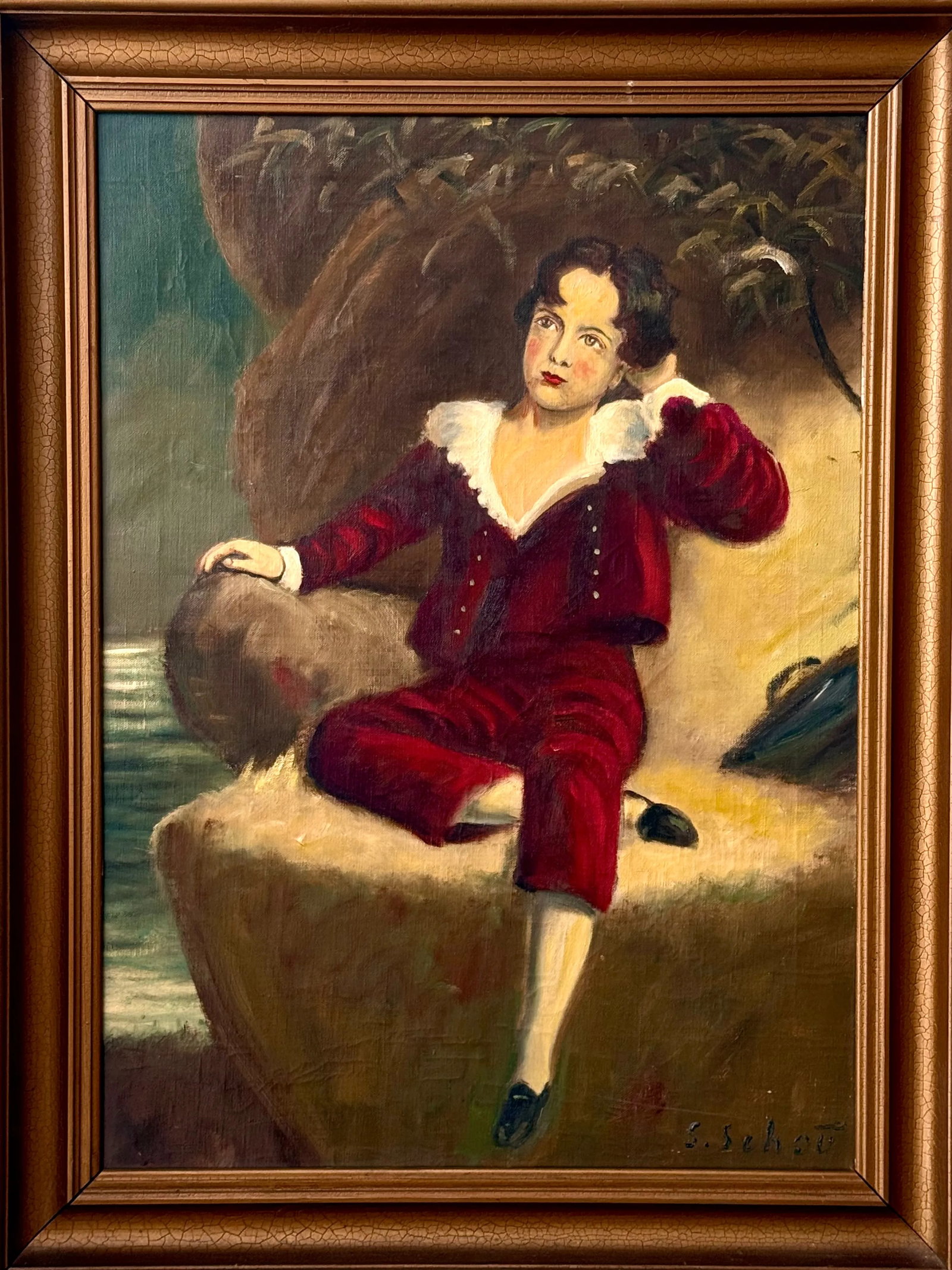 Vintage Oil Painting Portrait "The Red Boy" Framed - 13