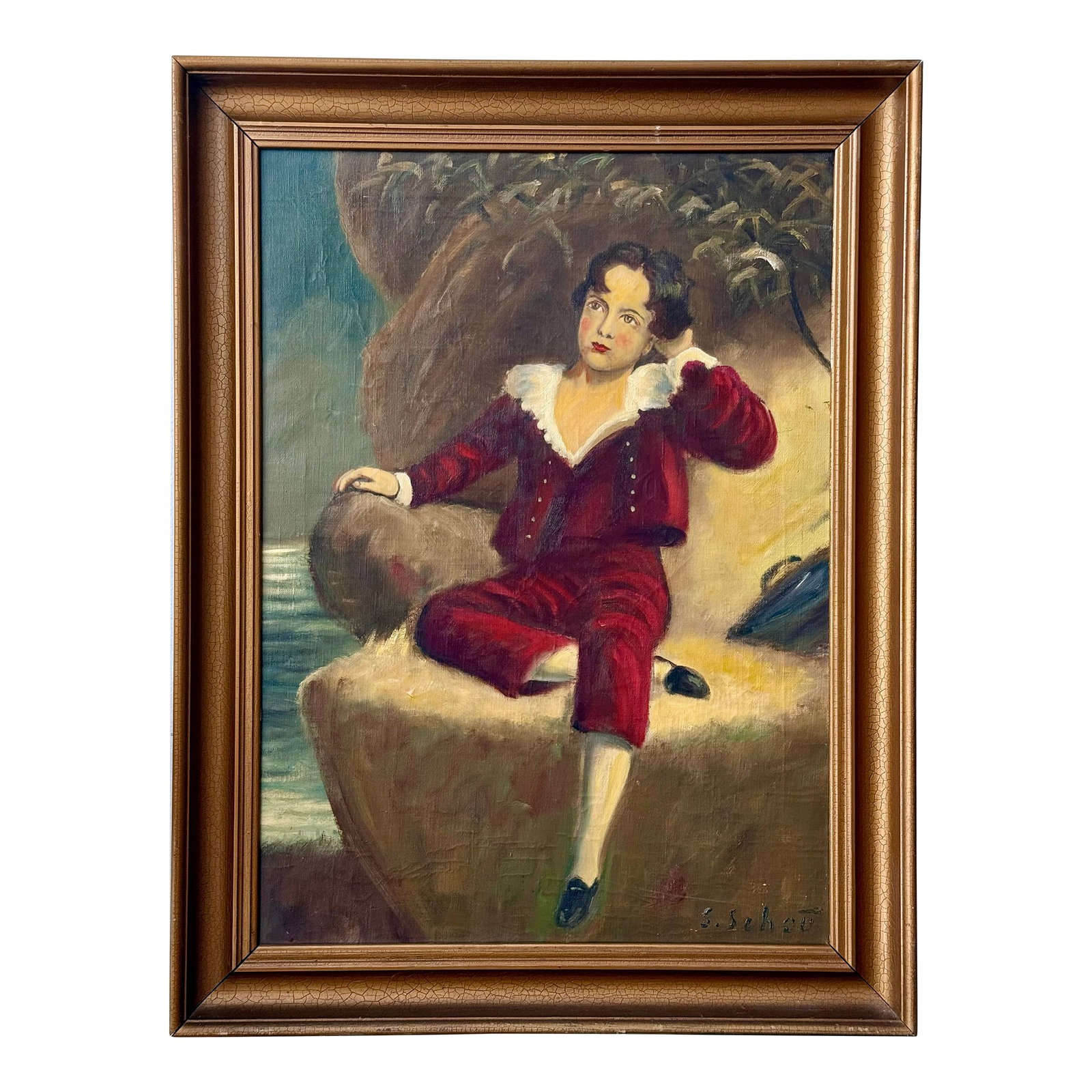 Vintage Oil Painting Portrait "The Red Boy" Framed: A vintage oil on canvas after The Red Boy, Sir Thomas Lawrence's famous portrait of young Charles William Lambton. A bit more stylized and colorful than the original, this version maintains its moody