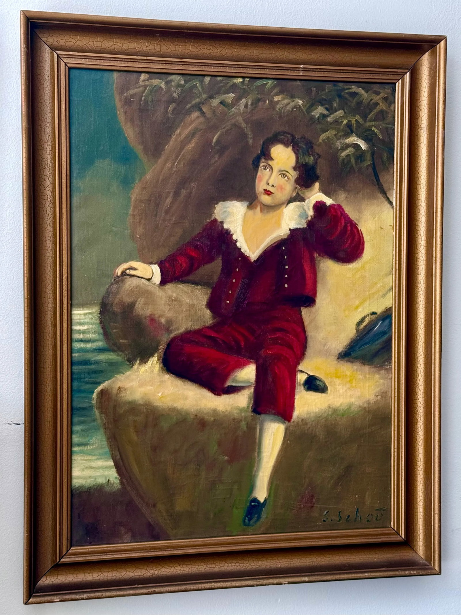 Vintage Oil Painting Portrait "The Red Boy" Framed - 5