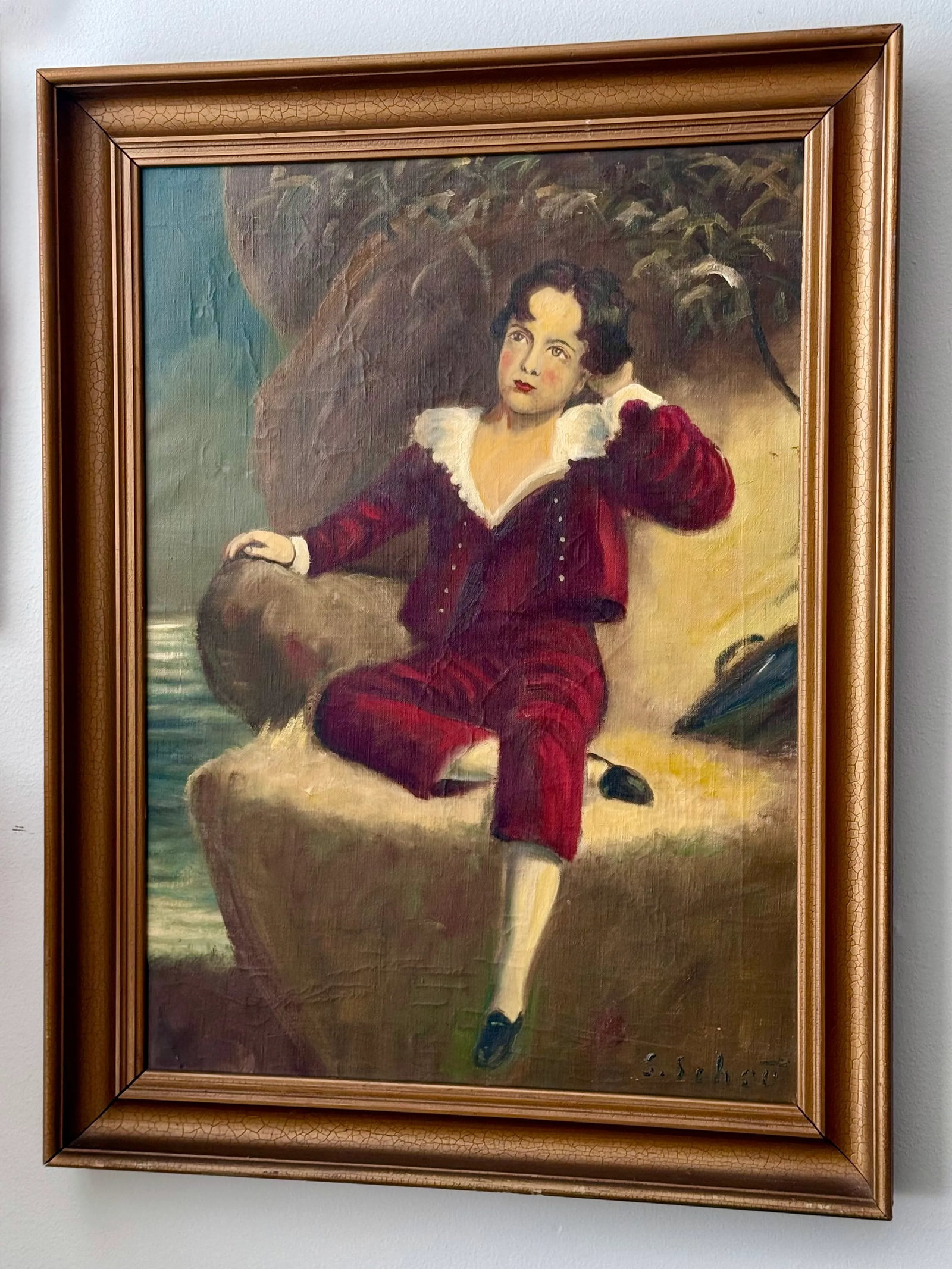 Vintage Oil Painting Portrait "The Red Boy" Framed - 6