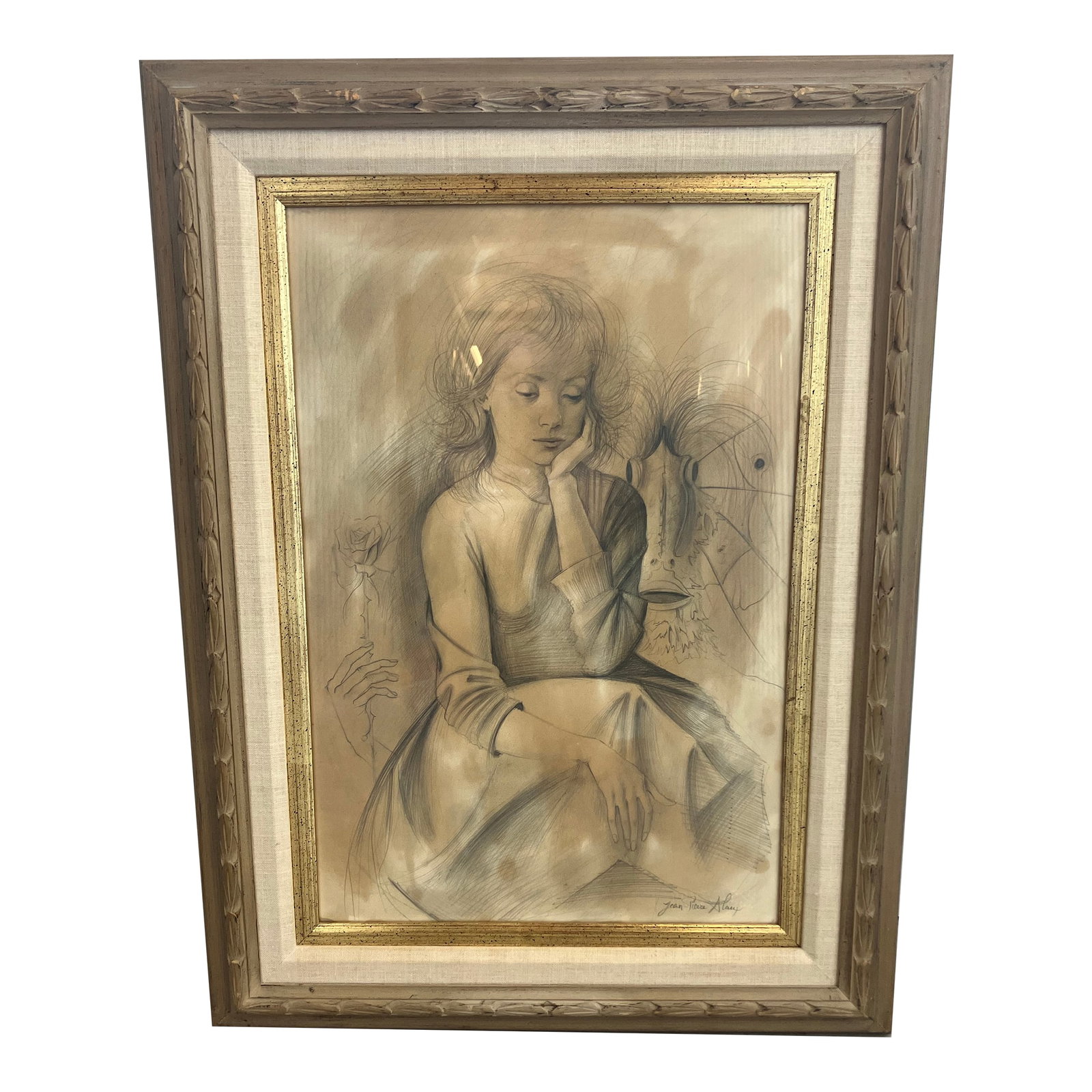 1970s Jean-Pierre Alaux Mythical Painting Young Lady and Surrealist Man: Signed Original young lady in thought and mythical man with rose offering. Perfect condition a few very minor dints in frame. Color palette pale beige and sandy throughout. The blemish is not as it