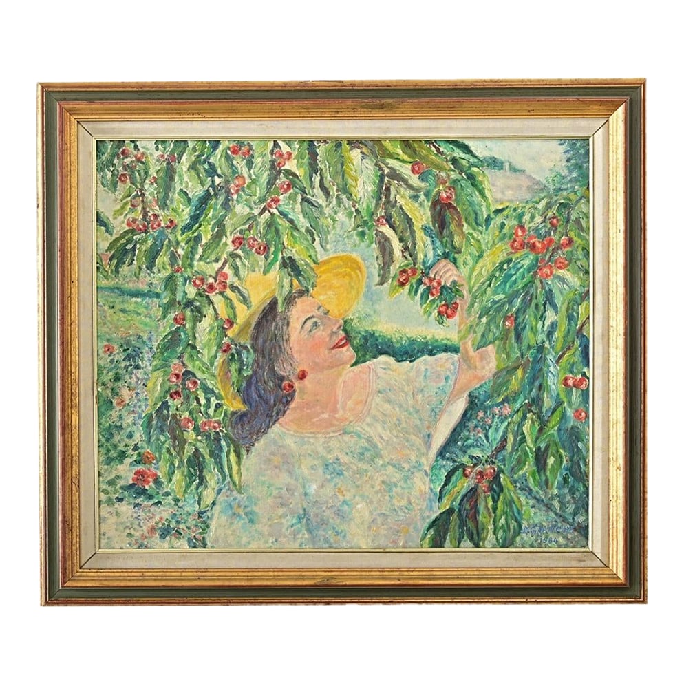 French Vintage 1980s Framed Oil Painting of Cherry Picking (1 of 8)