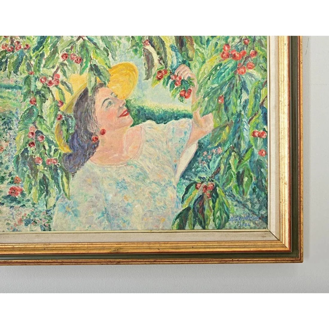 French Vintage 1980s Framed Oil Painting of Cherry Picking - 2