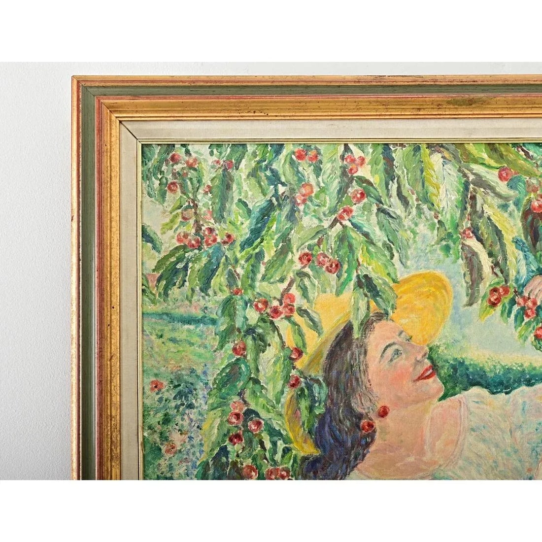 French Vintage 1980s Framed Oil Painting of Cherry Picking - 4