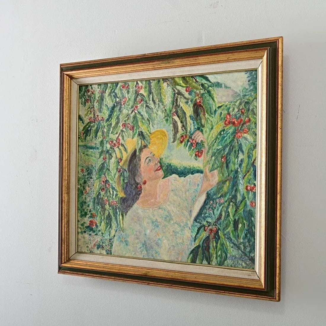 French Vintage 1980s Framed Oil Painting of Cherry Picking - 6