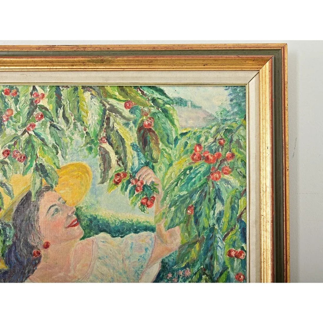 French Vintage 1980s Framed Oil Painting of Cherry Picking - 7