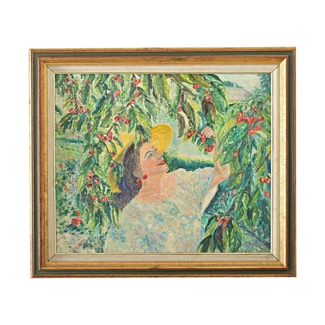 French Vintage 1980s Framed Oil Painting of Cherry Picking - 8