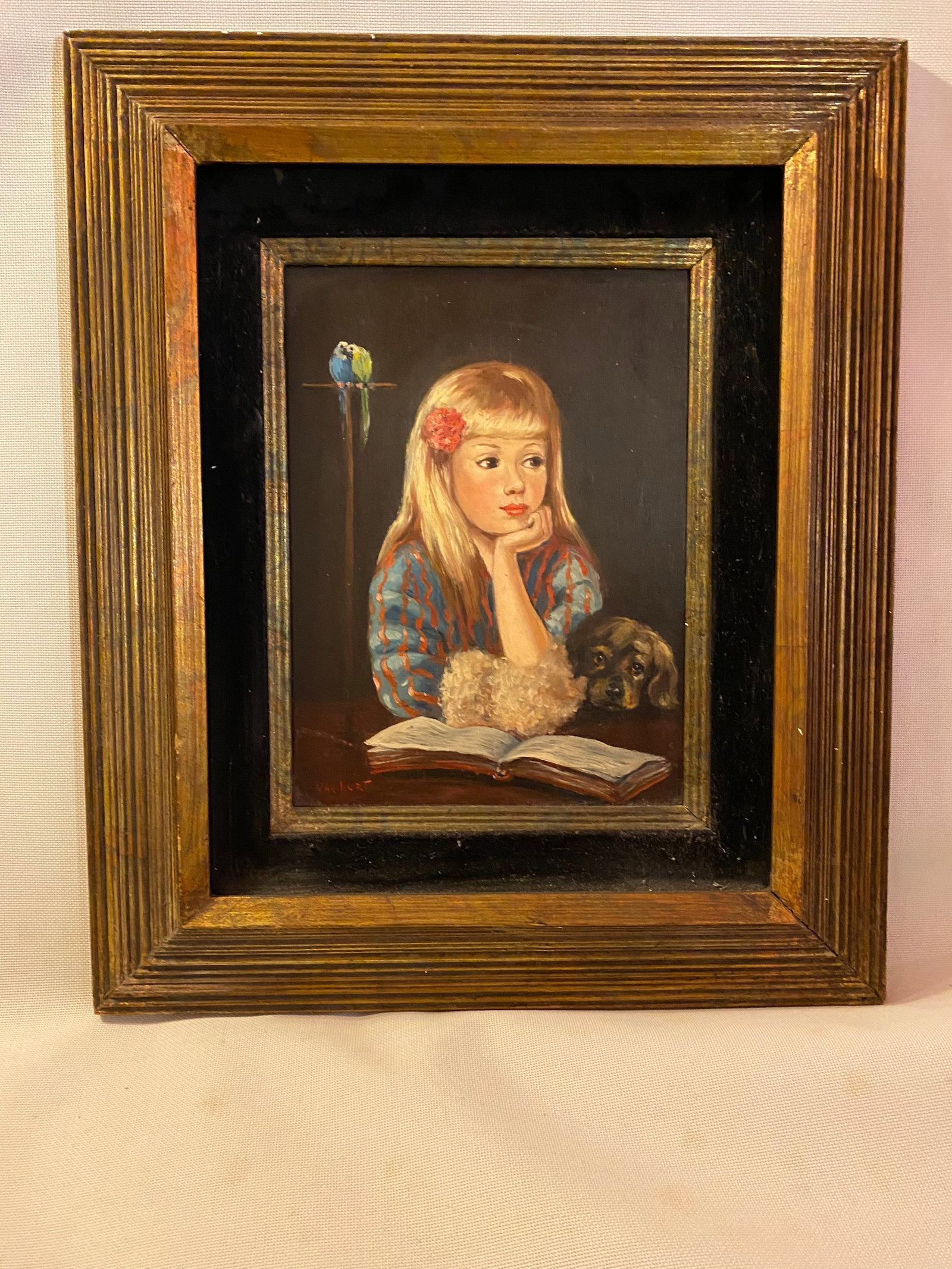 1960s Portrait Painting of Sweet Girl With Pup and Parrots - 10