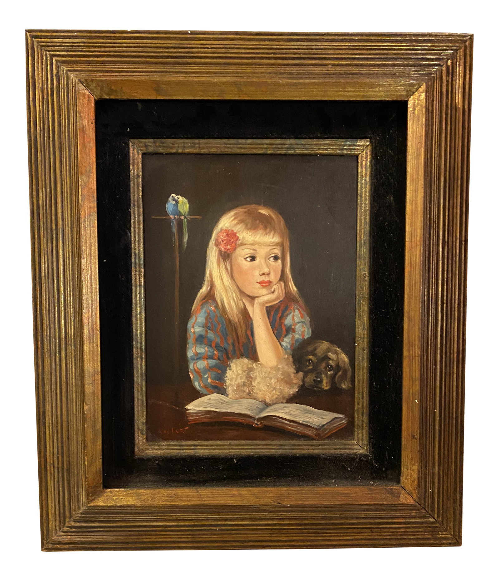 1960s Portrait Painting of Sweet Girl With Pup and Parrots: very well executed portrait painting of extreme detail. excellent work Condition: Alterations: Original Condition Unaltered Imperfections: Some Imperfections Condition Notes: The painting is in very