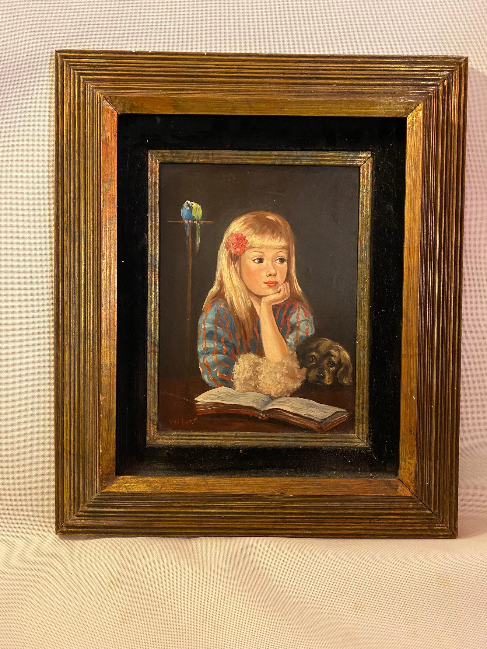 1960s Portrait Painting of Sweet Girl With Pup and Parrots - 2
