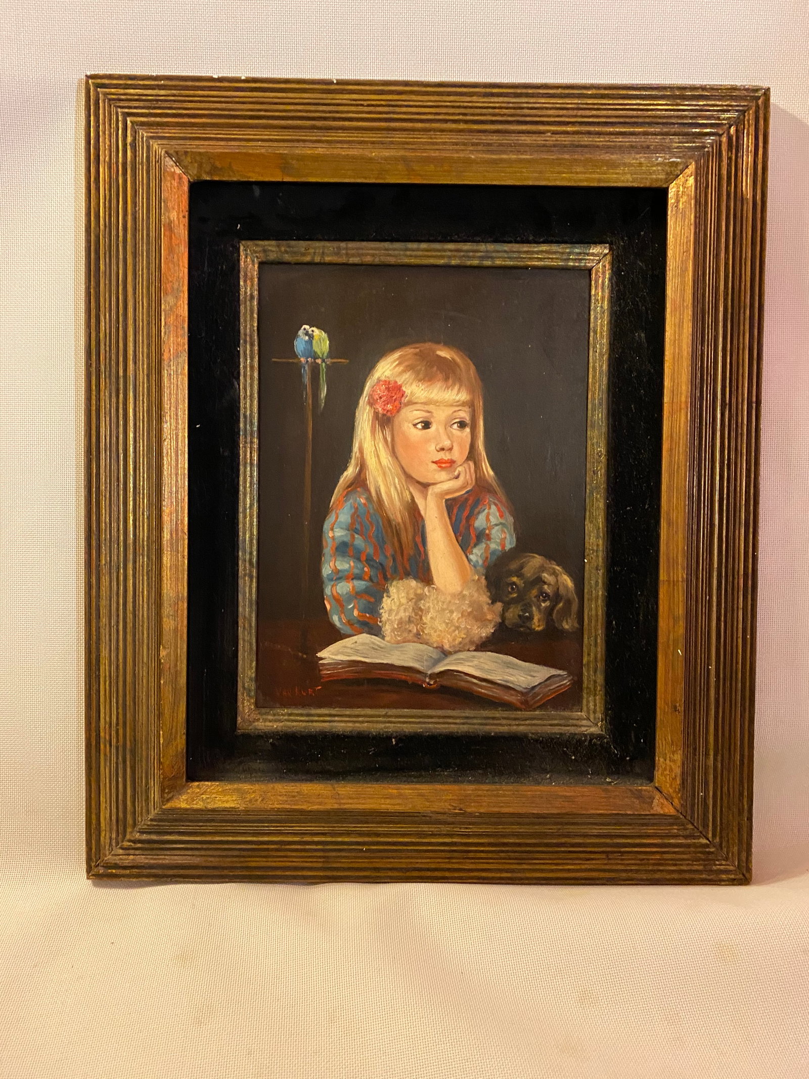 1960s Portrait Painting of Sweet Girl With Pup and Parrots - 3