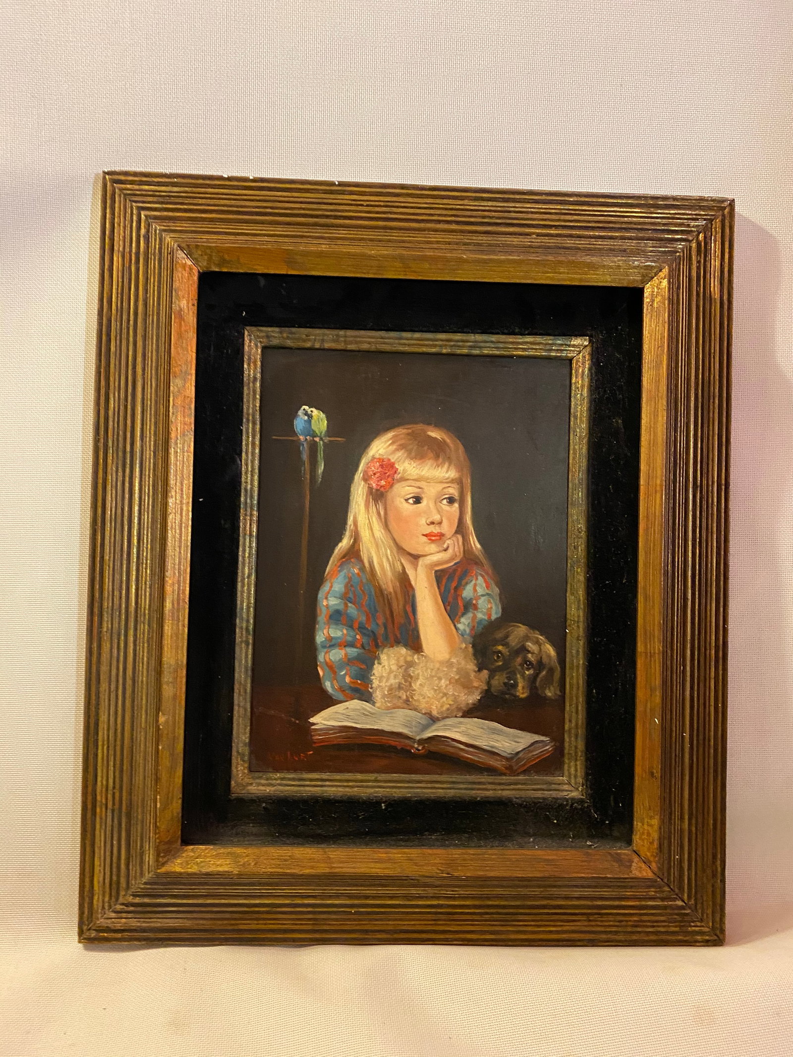 1960s Portrait Painting of Sweet Girl With Pup and Parrots - 4