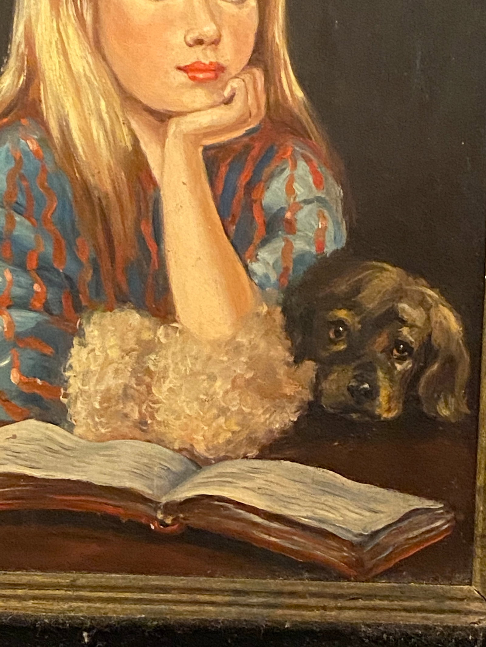 1960s Portrait Painting of Sweet Girl With Pup and Parrots - 5