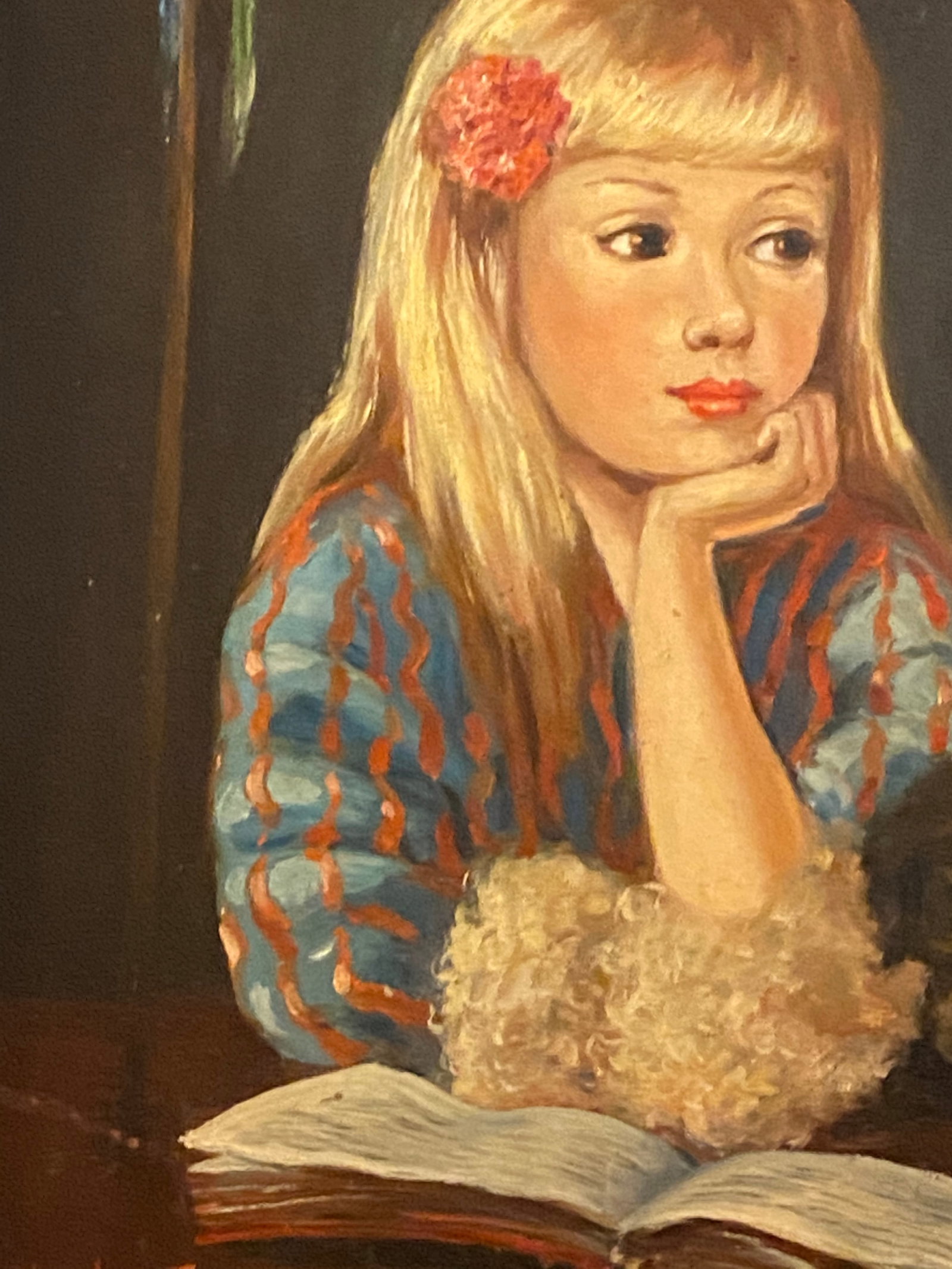 1960s Portrait Painting of Sweet Girl With Pup and Parrots - 6