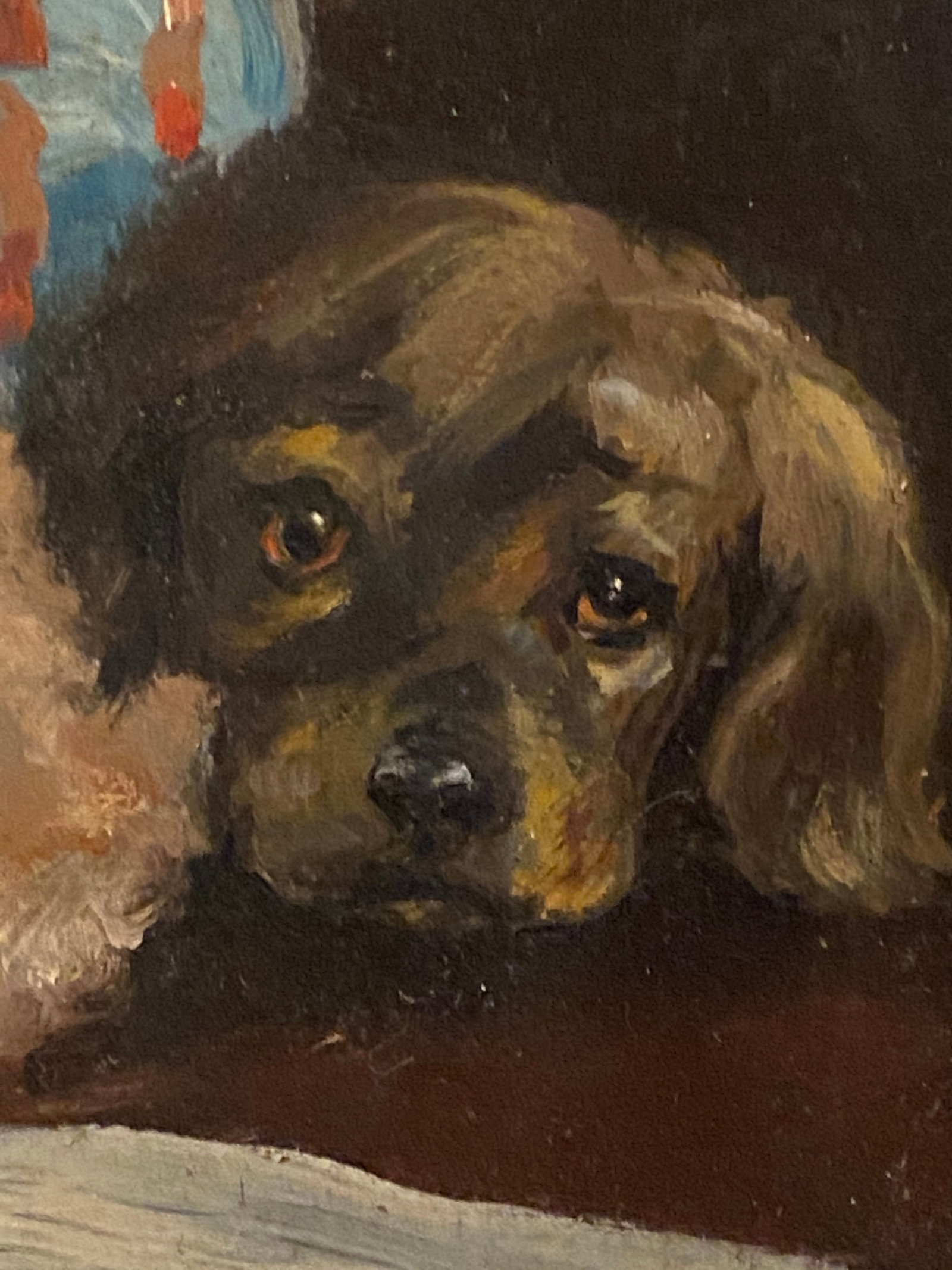 1960s Portrait Painting of Sweet Girl With Pup and Parrots - 9