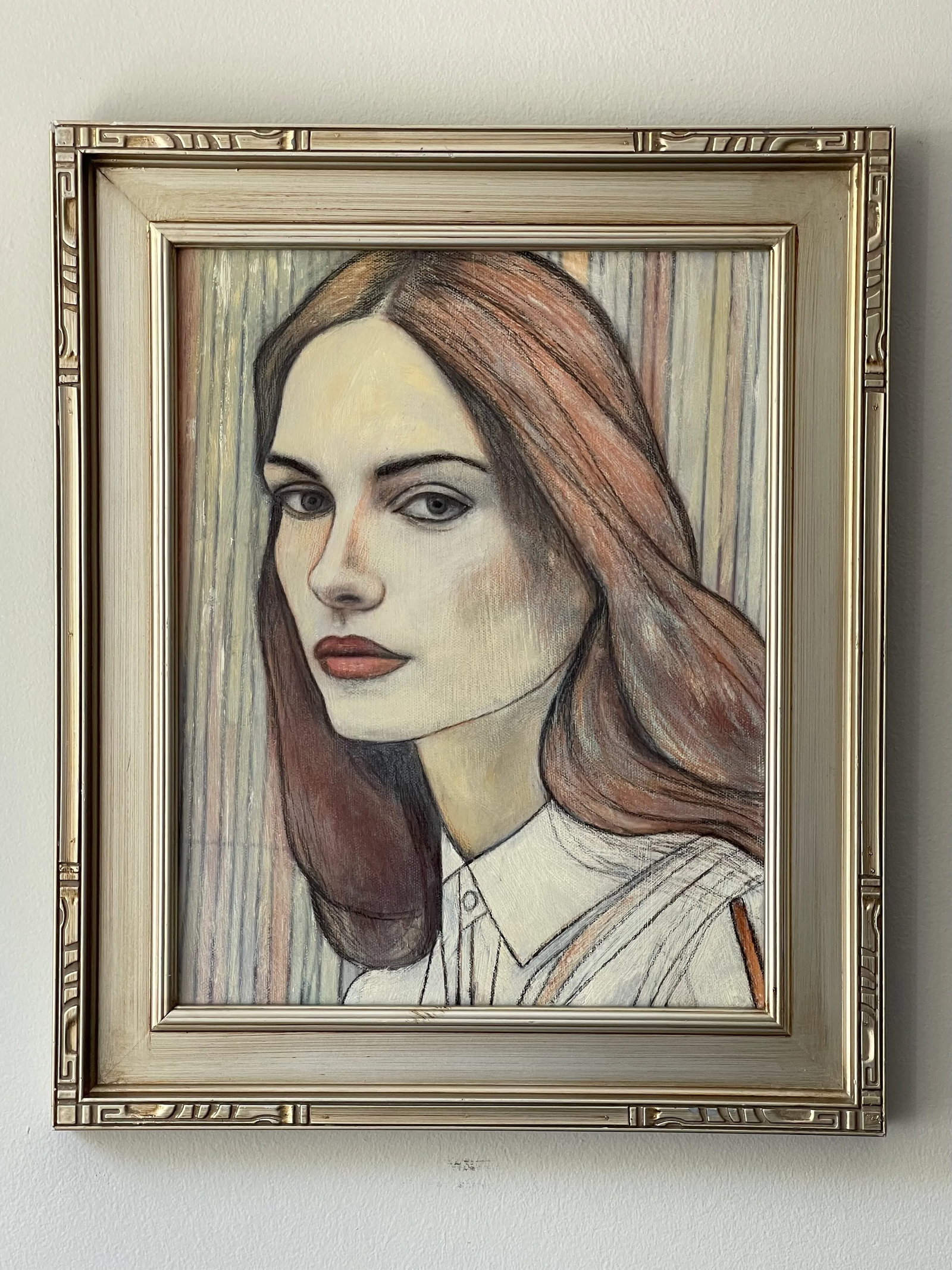 Contemporary Oil Painting Portrait in Stripes Framed - 10