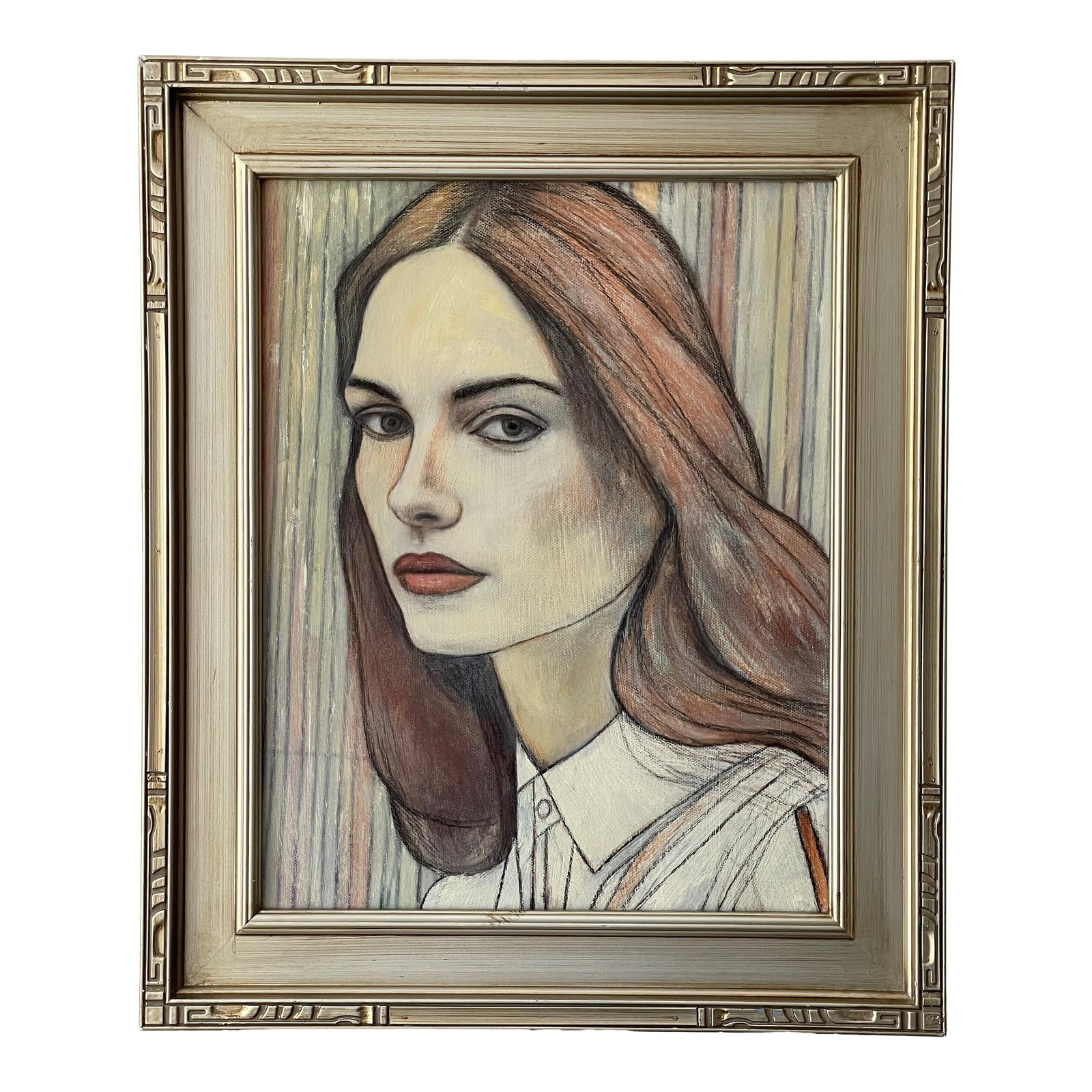Contemporary Oil Painting Portrait in Stripes Framed: A contemporary oil painting with a gorgeous subtle color palette. The artist's dry, layered paint application creates a unique and lovely texture. Verso signed Alex Benson, this oil on board measures 