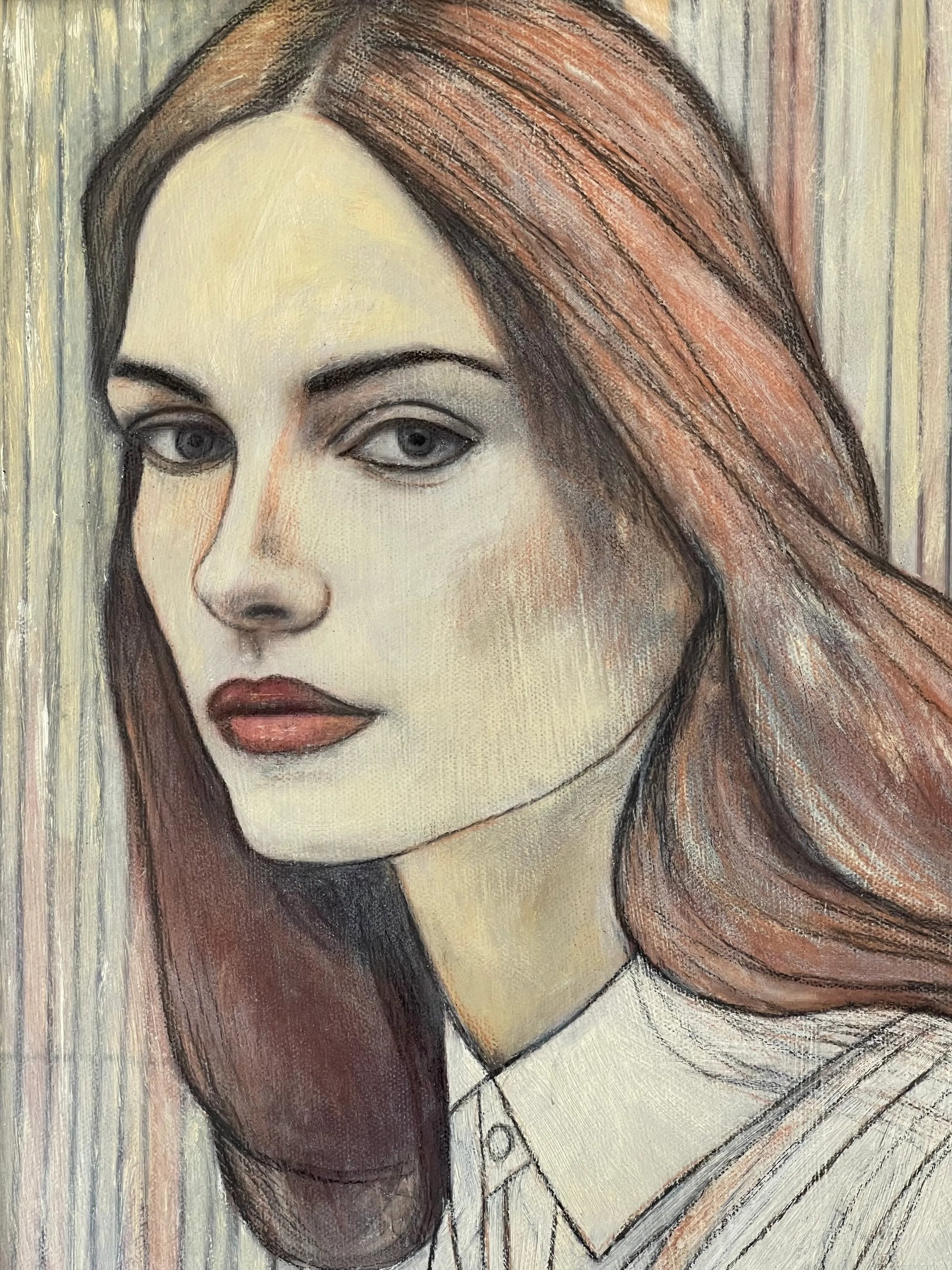 Contemporary Oil Painting Portrait in Stripes Framed - 2