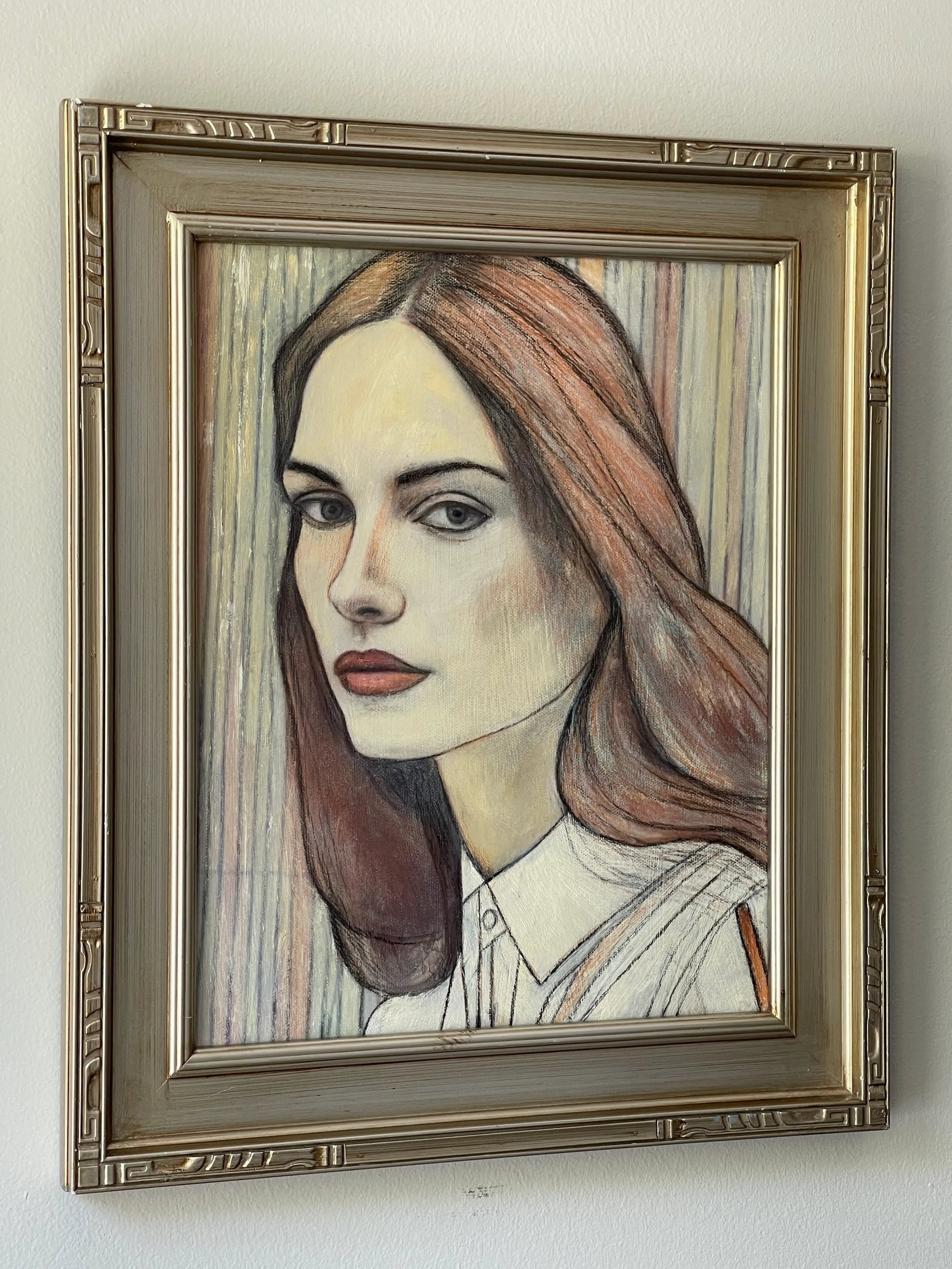 Contemporary Oil Painting Portrait in Stripes Framed - 4
