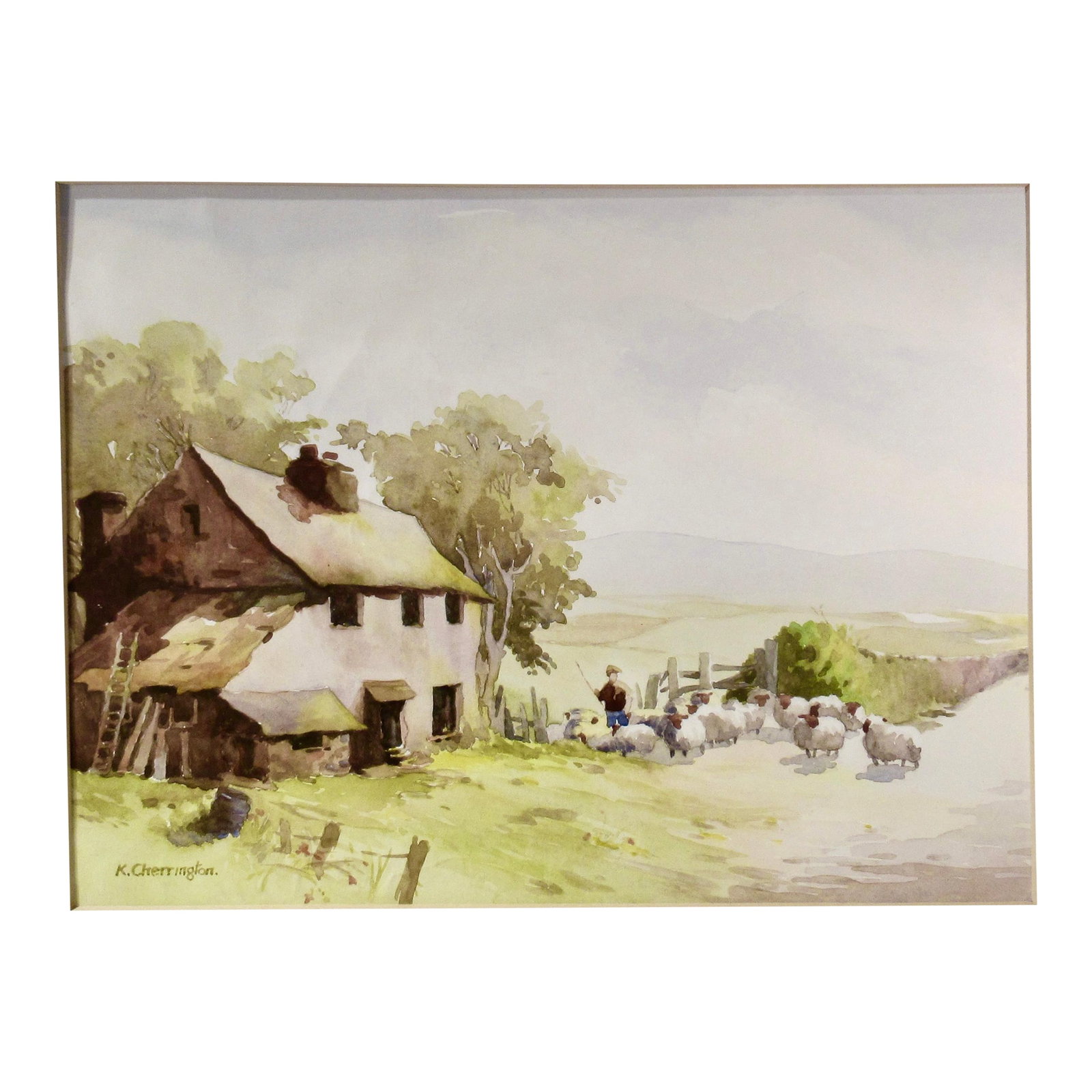 Ken Cherrington Tayside Sheep Farm, Scotland C. 1930 Painting: This artwork "Tayside Sheep Farm, Scotland" c.1930, is a watercolor on paper by British artist Ken Cherrington, 1886-1969. It is signed at the lower left corner by the artist. The artwork (image) size
