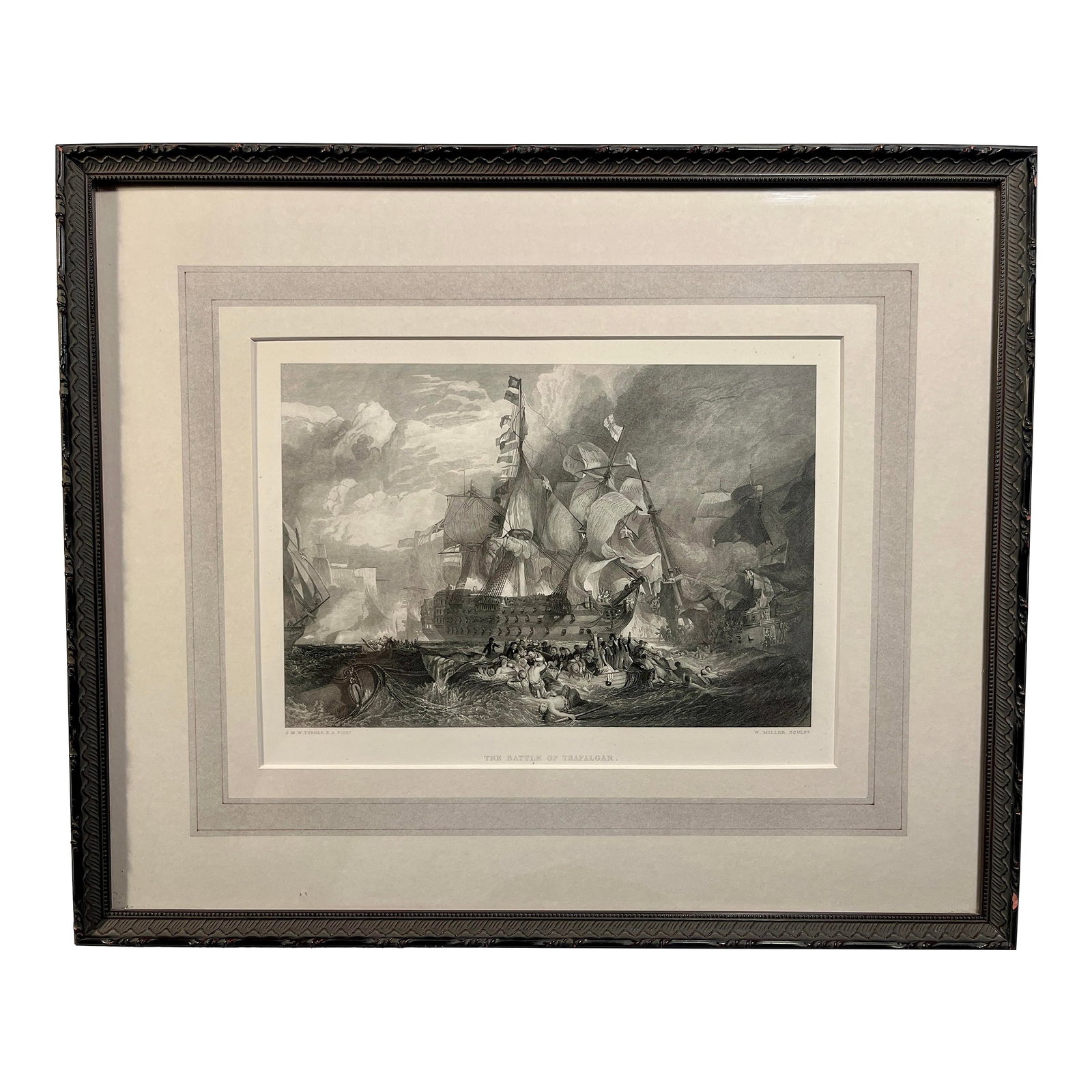 1847 Original Steel Engraving "The Battle of Trafalgar" by William Miller, Framed: 1847 Original Steel Engraving "The Battle of Trafalgar" by William Miller after the painting by J M W Turner (1775-1851) Certificate of Authenticity by Suttons Bay Galleries Aprox. dimensions: Frame: