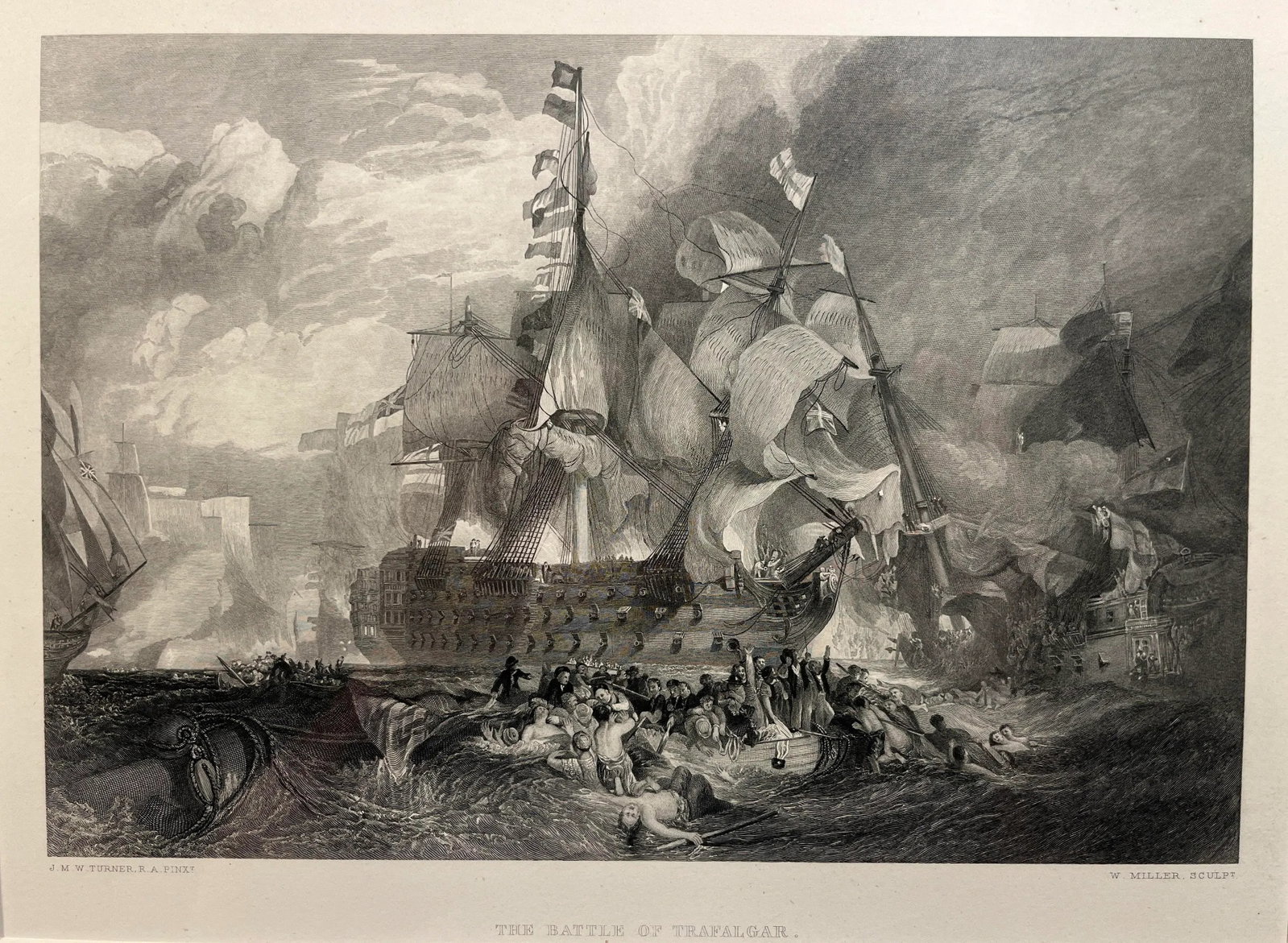 1847 Original Steel Engraving "The Battle of Trafalgar" by William Miller, Framed - 2
