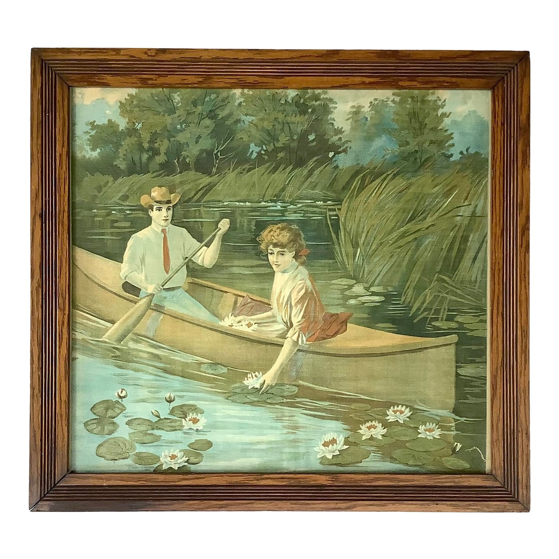 Late 1800s Lithograph on Fabric Lovers in Canoe Framed: Late 1800s lithograph on fabric of loves in canoe, original frame. Outside measures 26.5"w x 24.75"h; image measures 22.5"w x 20.5"h. Condition: Alterations: Original Condition Unaltered