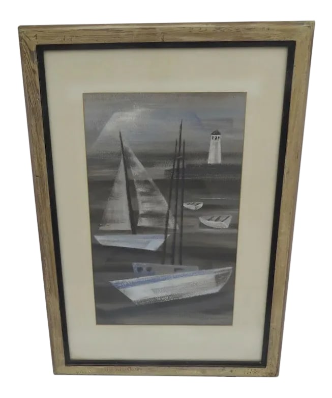 Mid 20th Century Abstract Nautical Mixed-Media Painting by Frances Frakes Hansen, Framed: Mix media by Frances Frakes Hansen. Exhibited: Denver AM, 1945; Denver Art Gld., 1944, 1945; Int. Textile Exhib., Univ. North Carolina, 1948 & 1949; Nelson Gallery Mid-Am. Ann., Kansas City, 1950; Jos