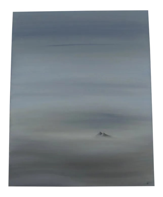 2000 "Mountain Peaks" Contemporary Minimalist Painting by Andrew Miller: Very nice modern painting of two distant mountain peaks. Signed lower right A M '00. Signed stretcher board on back. Measures 24" by 30". (Alley) Condition: Alterations: Unknown Imperfections: Some Im