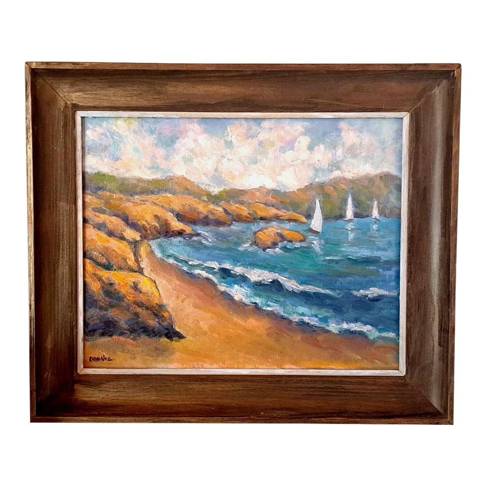 Original Oil Painting Coastal Cliffs Ocean Sailboats Framed by Donalee: Item Description Oil Painting Seascape Coastal Cliffs Sailboats Ocean Nautical Framed by Donalee Donalee is an artist living in the Santa Fe New Mexico. She paints landscapes, still life, floral's and