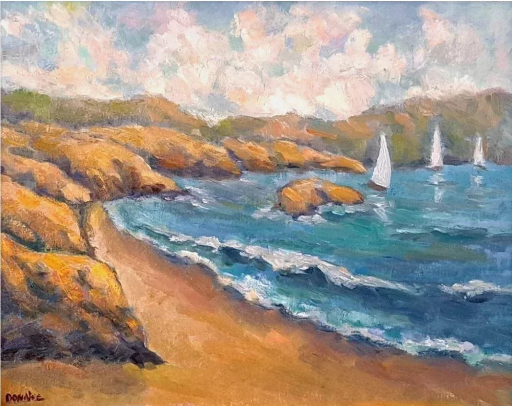Original Oil Painting Coastal Cliffs Ocean Sailboats Framed by Donalee - 2