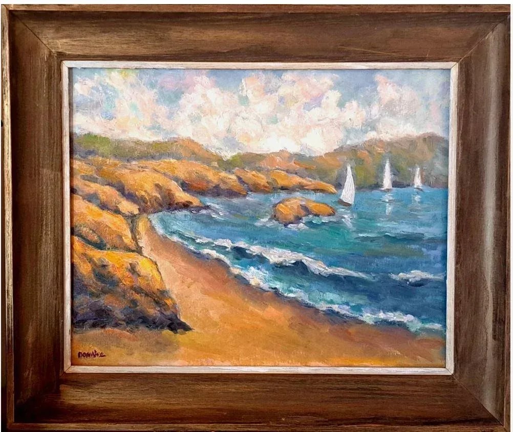 Original Oil Painting Coastal Cliffs Ocean Sailboats Framed by Donalee - 3