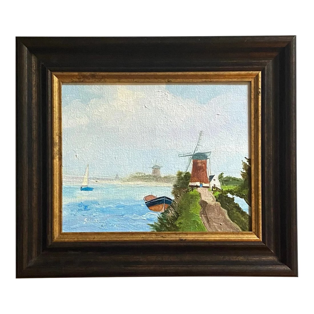 Contemporary Dutch Style Oil Painting by Satori Gregorakis, Framed: Oil painting on canvas board of a sloop sailing around an inlet, windmills in the distance and in the foreground by Satori Gregorakis. Signed in the lower left corner. Framed. Satori Gregorakis (Long