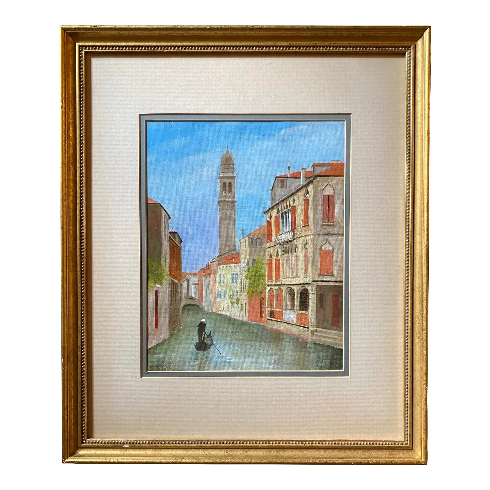 Contemporary Oil Painting of the Grand Canal in Venice., Framed: Original oil painting on canvas of the Grand Canal, Venice, with Gondolier in the foreground, by Satori Gregorakis. Signed in the lower left corner. Framed, double matted and glazed. Satori