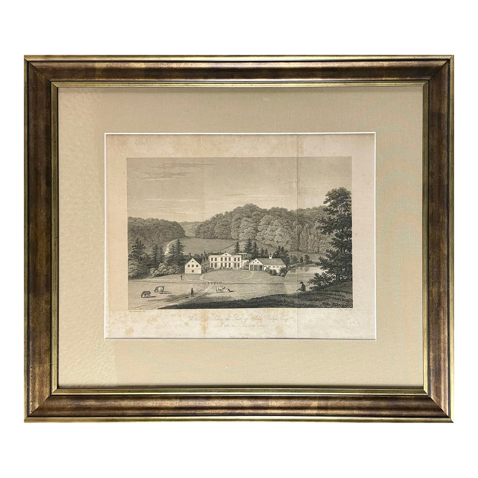 1818 Steel Engraved Illustration "Wotton in Surrey, the Seat of John Evelyn Esq.": Framed 1818 steel-engraved book Illustration, Wotton, in Surry, Seat of John Evelyn, Esq. A view of estate writer John Evelyn (1620- 1706) esteemed late 17th century author, garden designer, and
