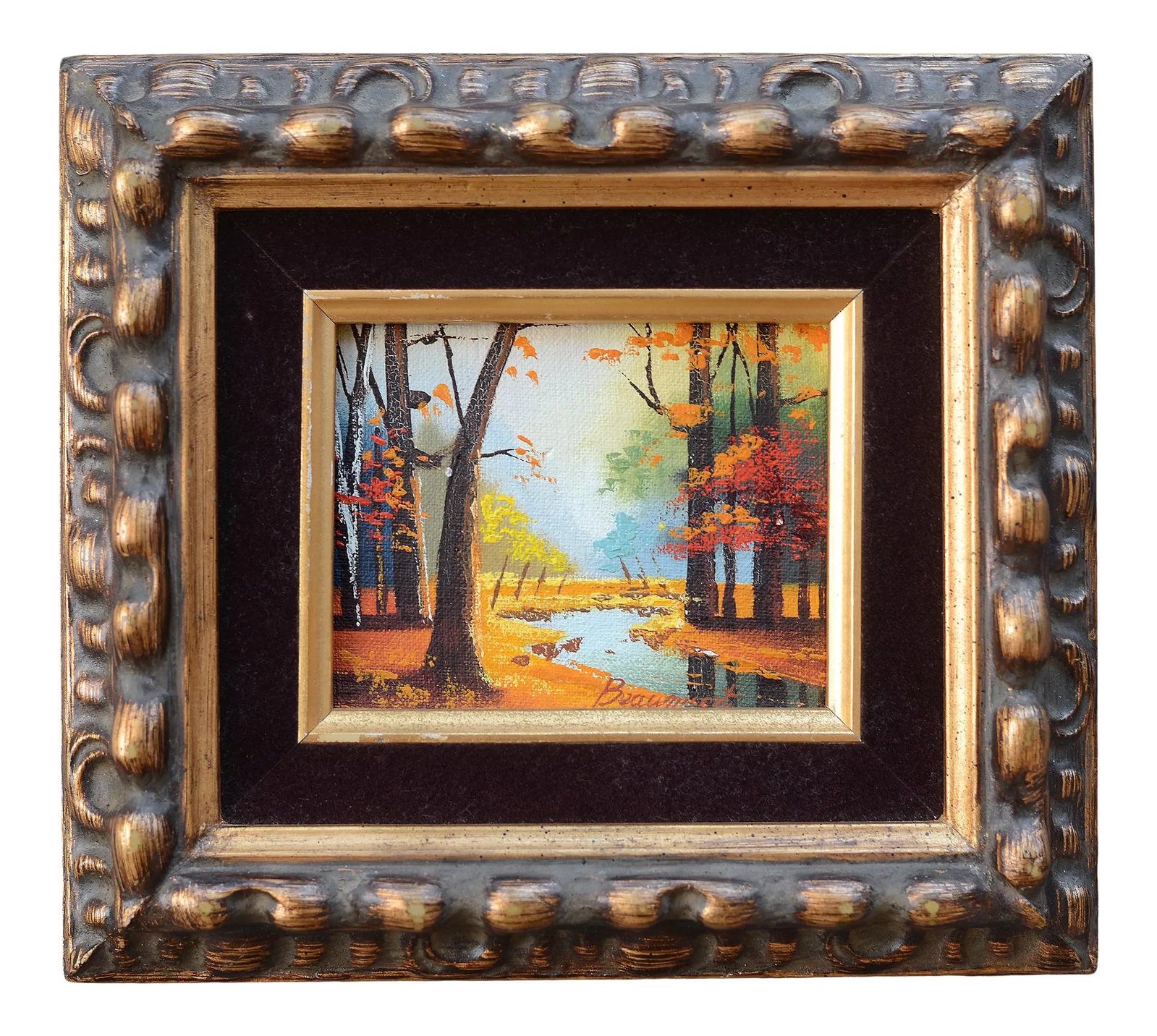 1960s Miniature Landscape Oil Painting by Beaumont, Framed: Beautiful and charming mini oil landscape painting with very vivid colors by Beaumont. Artwork depicts a picturesque creek in a forest with autumn-colored trees. Hand-carved wood frame in gold finish