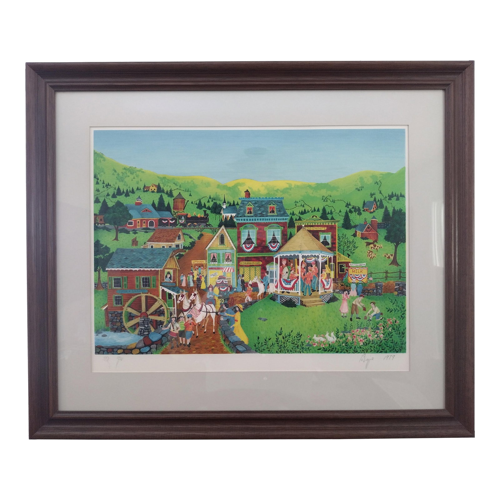 1970s Robert LoGrippo Signed Lithograph "Marching Down Main Street" (1979), Framed: Beautiful original lithograph created and signed by Robert LoGrippo, entitled "Marching Down Main Street" (1979). Created in the "American Naive" style, the lithograph is signed in pencil on the