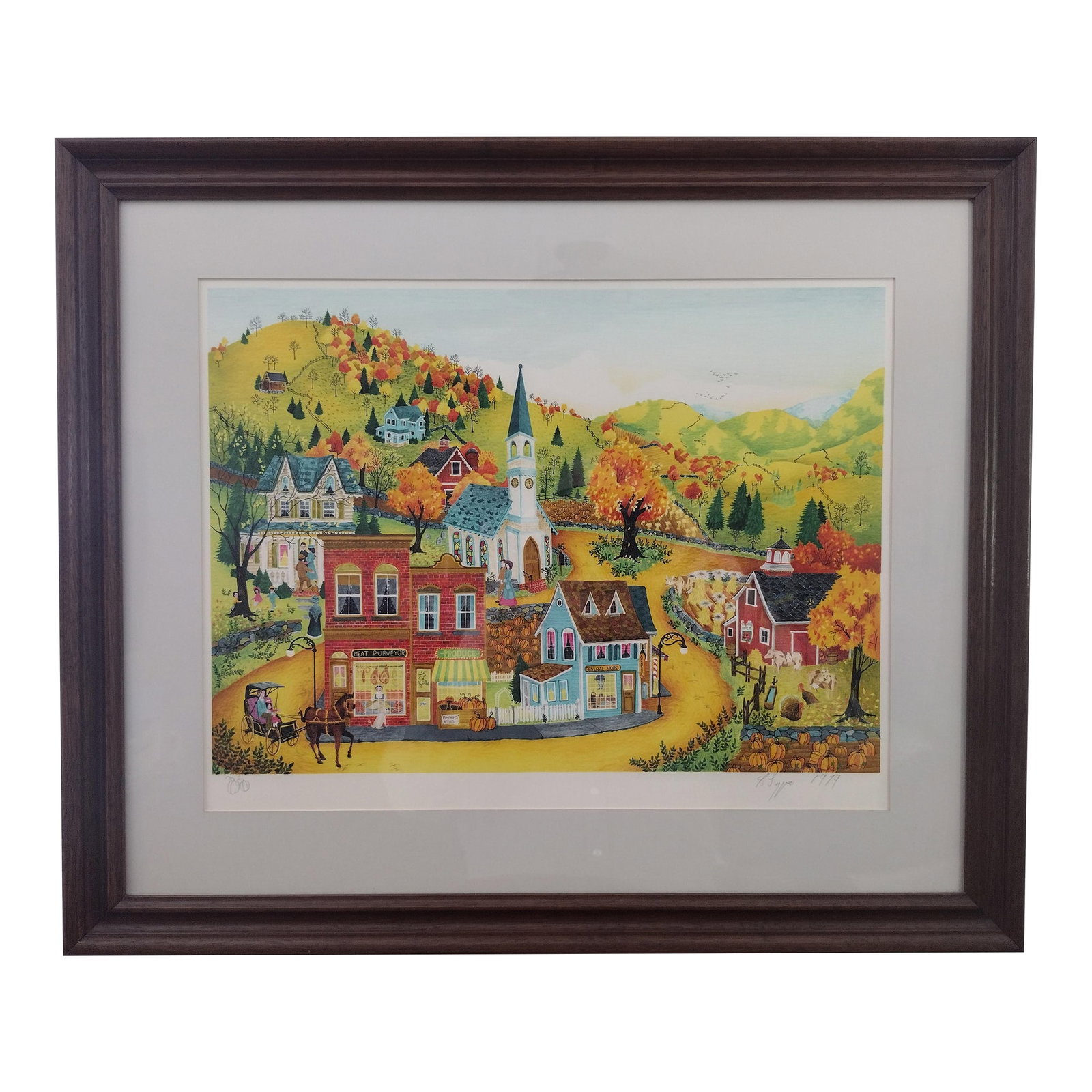 1970s Robert LoGrippo Signed Lithograph "Harvest Holiday" (1979), Framed: Beautiful original lithograph created and signed by Robert LoGrippo, entitled "Harvest Holiday" (1979). Showing a depiction of fall in a small town, in the "American Naive" style, the lithograph is si