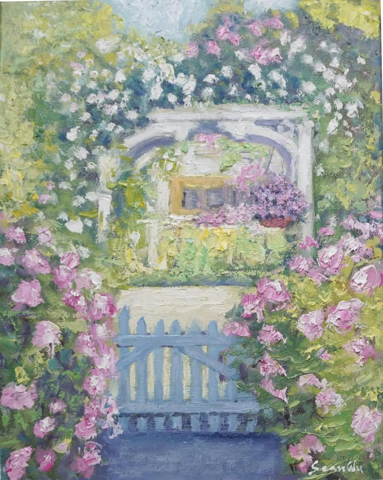 Original Impressionist Oil Painting, Garden Gate Surrounded by Flowers: Original oil painting by Sean Wu, Garden gate surrounded by flowers Condition: Imperfections: No Imperfections Origin: United States Materials & Techniques: Oil Paint Details: Country of Origin: