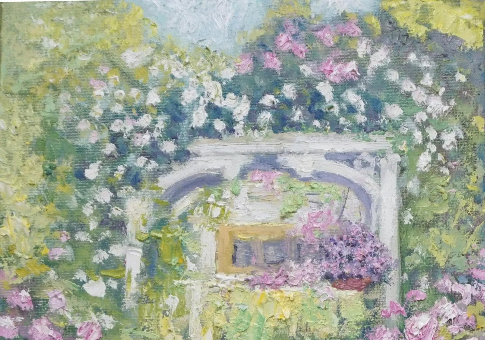 Original Impressionist Oil Painting, Garden Gate Surrounded by Flowers - 2