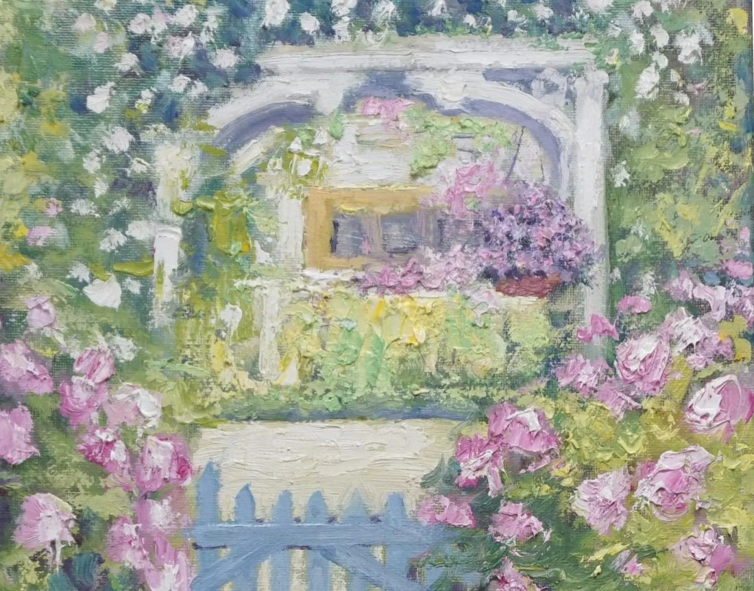 Original Impressionist Oil Painting, Garden Gate Surrounded by Flowers - 3