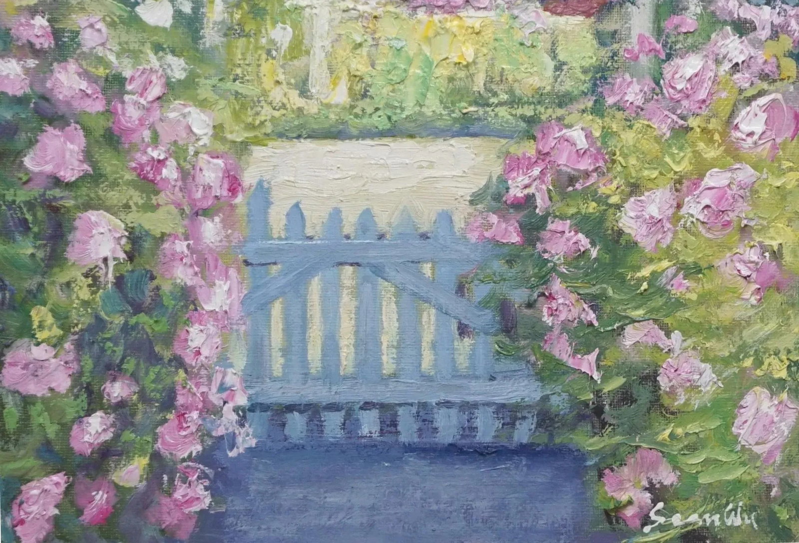 Original Impressionist Oil Painting, Garden Gate Surrounded by Flowers - 4