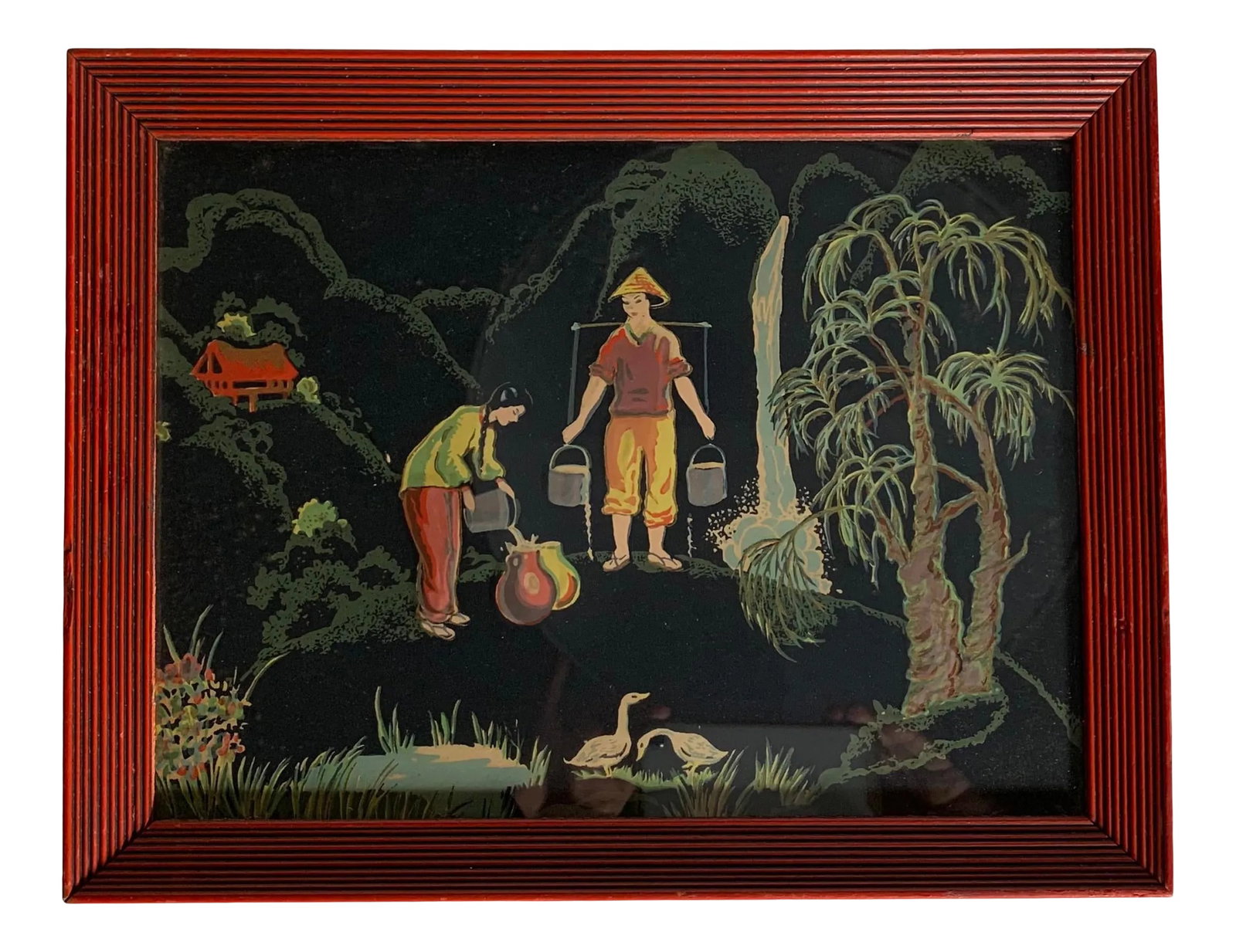 1950s Asian Figurative Landscape Print, Framed: 1950's Red Wood carved geometric frame with Print in excellent condition. Colors are vivid and sharp, no fading whatsoever. Marked on back as Mfg'd by Reliance Industries, Inc. Chicago IL Style No 923