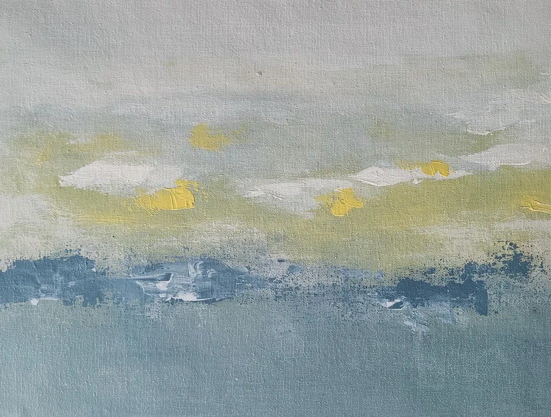 Original Art Contemporary Abstract Expressionist Landscape Acrylic Painting: WINTER SUN is an original art painting created with acrylics on canvas. This is matted and ready to frame (unframed - shown as example only). Impasto texture. Colors: Grey, bright yellow, white. 16" x