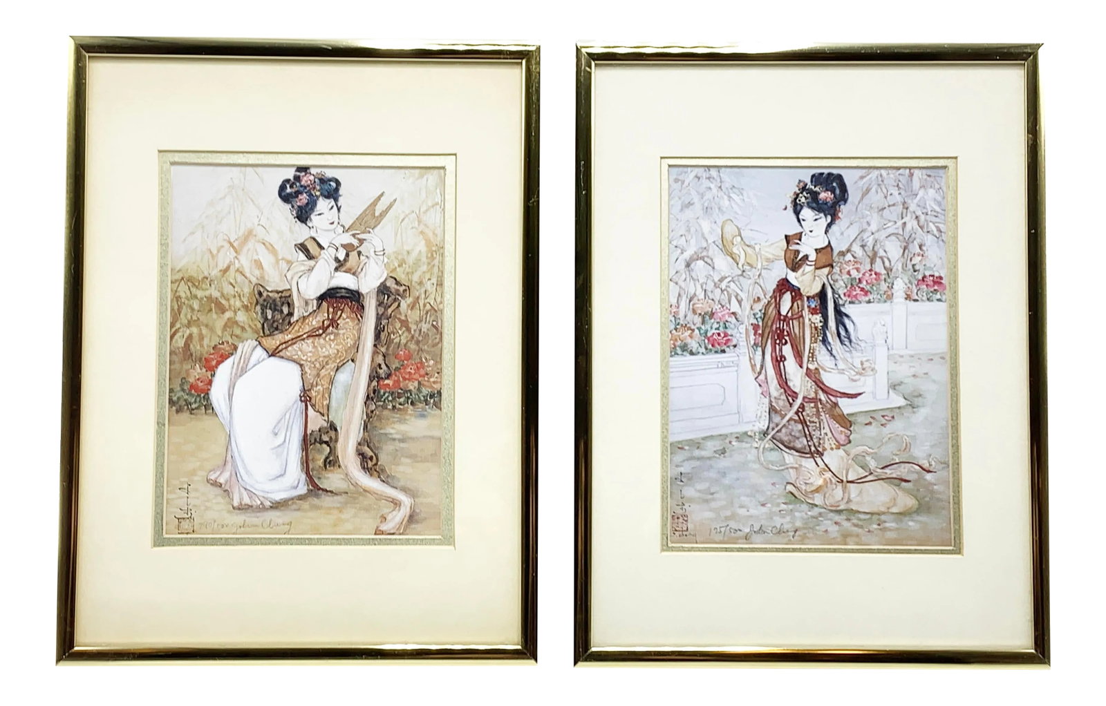 1950's Signed and Numbered John Cheng Original Artwork Prints - a Pair: Vintage 1950's pair of signed and numbered John Cheng original artwork prints. John Cheng is known for his intricate and whimsical watercolor and ink artworks on silk. He was recently features at the