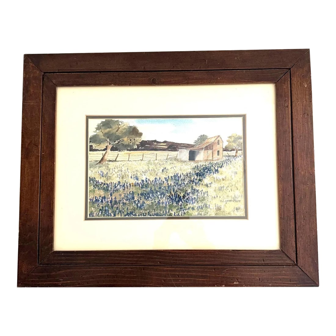 Vintage 1970's Texas Bluebonnet Watercolor: Signed Texas hill country scene with the quintessential bluebonnets, a fence and barn. Nicely matted and framed in a brown wooden frame. The artist is N. L Greenhaw Size: 20.5" w, 16.5" h, .75" d