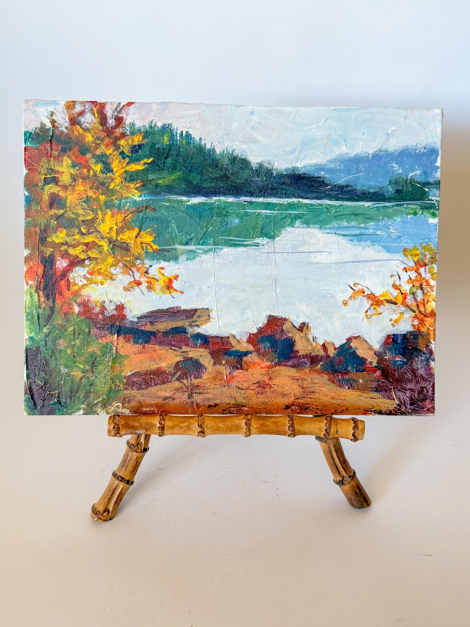 Vintage Autumnal Lakeside Landscape Painting, 9x12 - 2