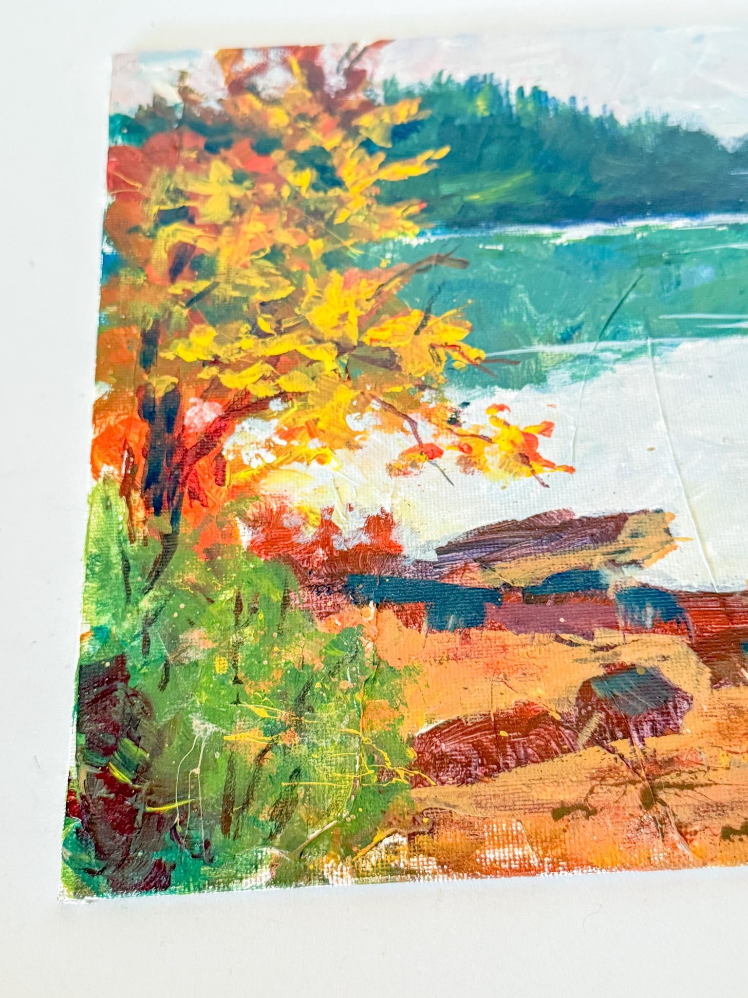 Vintage Autumnal Lakeside Landscape Painting, 9x12 - 3